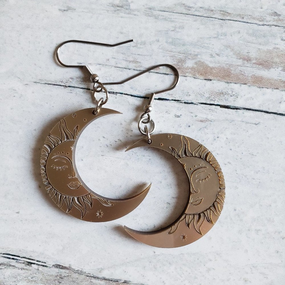 Celestial Crescent Moon Dangle Earrings, Pale Gold Metallic Acrylic, Handmade